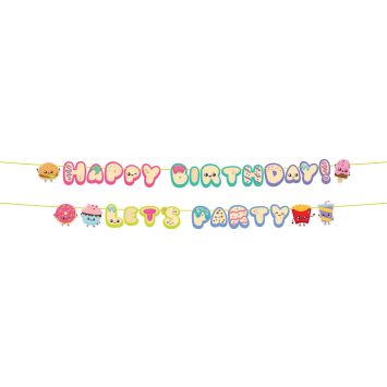 Bannières de lettres articulées style Kawaii avec messages Happy Birthday et Let's Party, avec de petits aliments mignons | jourdefete.com