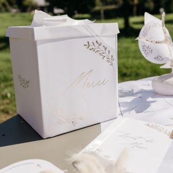 Urne "Merci" FSC® - 21 x 21 x 25 cm - Collection Communion Blanc et Or