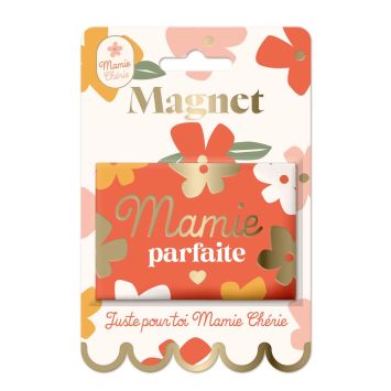 Magnet "La vie est belle avec Mamie" sur fond orange et floral | jourdefete.com