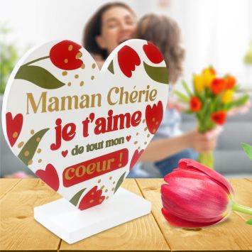 Plaque à poser en forme de cœur "Maman chérie, je t'aime de tout mon cœur !" - Collection Maman d'Amour