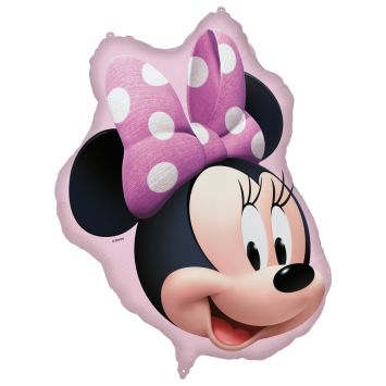Ballon aluminium Minnie Mouse tête rose avec nœud à pois blancs | jourdefete.com