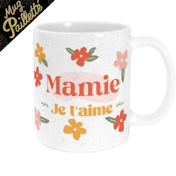 Mug "Mamie Chérie" blanc avec fleurs et texte coloré | jourdefete.com