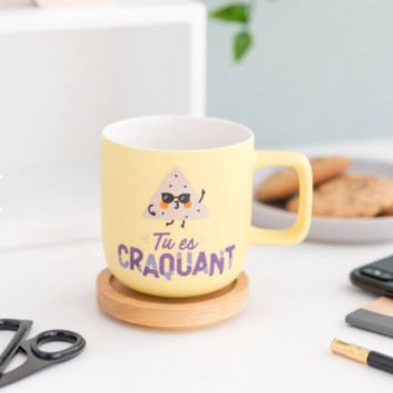 Mug Jaune avec Couvercle en Bois - Tu es Craquant - Mr. Wonderful