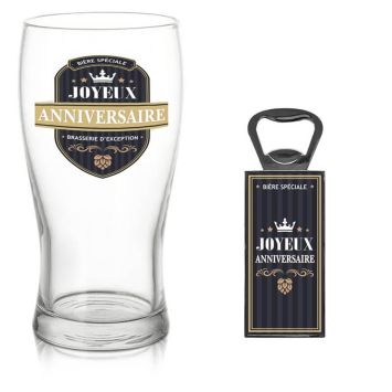 Coffret à bière joyeux anniversaire avec un verre et un décapsuleur