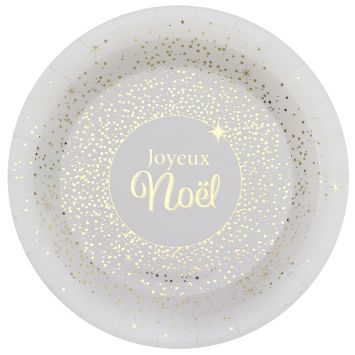 Assiettes en carton blanches Joyeux Noël avec décor doré scintillant | jourdefete.com