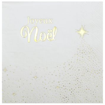 Serviettes de Noël scintillantes blanches et dorées Joyeux Noël 33x33 cm | jourdefete.com