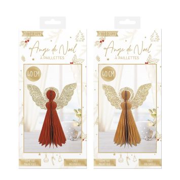Ange de Noël en papier nid d’abeille rouge ou doré avec ailes pailletées | jourdefete.com