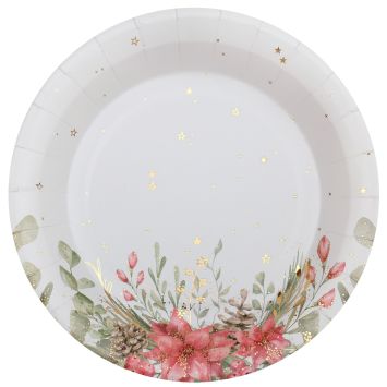 Assiettes Bouquet d’Hiver Noël Enchanté avec motifs fleuris et dorés | jourdefete.com