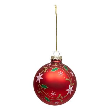 Boule de Noël rouge en verre décorée d’une couronne de houx et d’étoiles dorées | jourdefete.com