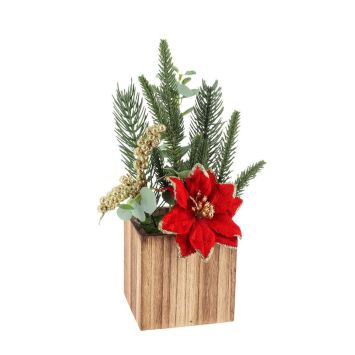 Composition florale de Noël avec pot en bois - 10 x 30 x 10 cm - Collection Luxury Christmas