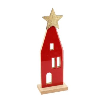 Maison haute décorative de Noël rouge avec étoile dorée en bois laqué | jourdefete.com