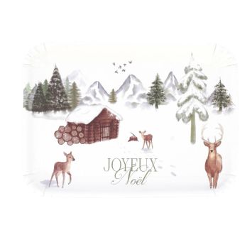 Plateaux de Noël motif chalet enneigé et cerfs, ambiance hiver féerique | jourdefete.com