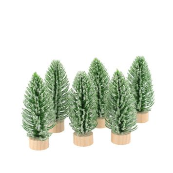 6 sapins de Noël givrés sur socle en bois - Noël - 2 x 7,5 cm - Collection Neige Éternelle