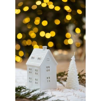 Photophore de Noël en forme de maison givrée en céramique - 9 x 9 x 17 cm