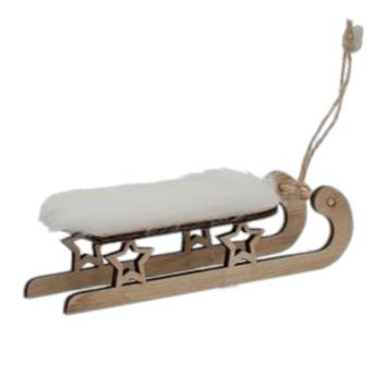 Luge de Noël en bois avec fourrure à suspendre - 17 cm