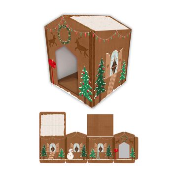 Maison de Noël en carton motif chalet avec sapins et décor hivernal | jourdefete.com
