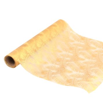 Chemin de table en organza avec motifs feuillages dorés pour Noël | jourdefete.com