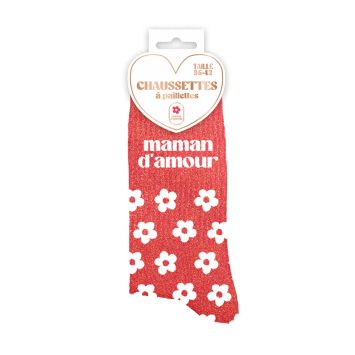 Chaussettes rouges à paillettes avec fleurs blanches et message "Maman d’Amour" | jourdefete.com