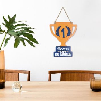 Plaque en bois à suspendre en forme de coupe "Meilleur Papa du monde" - Collection Papa Parfait