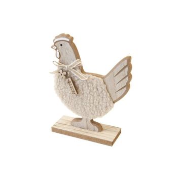 Décoration à poser pour Pâques - Poule en bois et fourrure sur socle - 17 x 13 x 4,5 cm