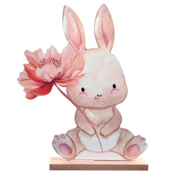 Décoration à poser en bois - Lapin avec fleur - Pâques - Collection Lapinou