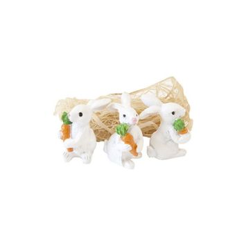 3 décorations à poser pour Pâques - Lapins blancs avec carottes en résine et paille - 3,3 x 2,6 x 2 cm