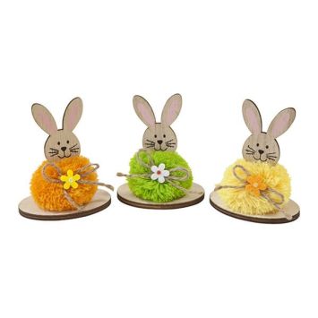 Décoration à poser pour Pâques - Lapin en bois avec pompon sur disque - 8 x 6,8 x 4,8 cm - Couleur Aléatoire