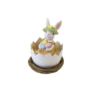 Décoration à poser pour Pâques - Lapin en résine dans un œuf posé sur un nid - 13 x 9,4 cm