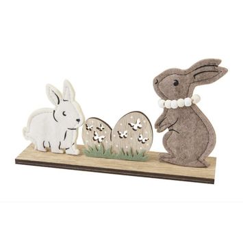 Décoration à poser pour Pâques - Lapins en feutrine et œufs en bois sur support - 12 x 21 x 5 cm