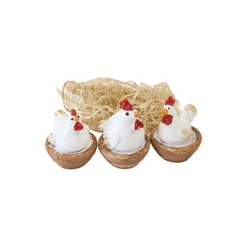 3 décorations à poser pour Pâques - Poules blanches dans leurs nids en résine et paille - 3,3 x 2,7 x 2,6 cm