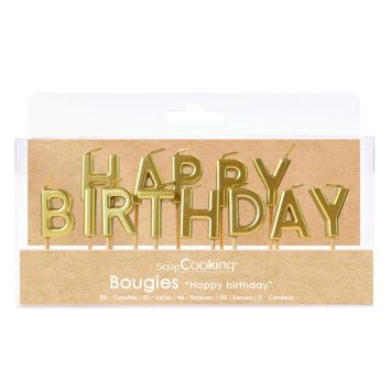13 bougies "Happy Birthday" dorées sur pics pour décoration de gâteau d'anniversaire
