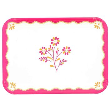 Plateaux rectangulaires en carton rigide blanc décor floral rose orange et citron pour réception | jourdefete.com