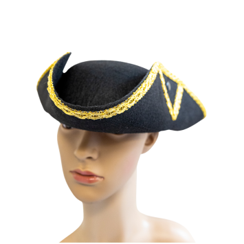 Chapeau de pirate en forme de tricorne noir avec galon doré