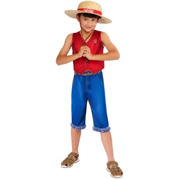 Déguisement enfant style Luffy avec chapeau de paille, gilet rouge et pantacourt bleu | jourdefete.com
