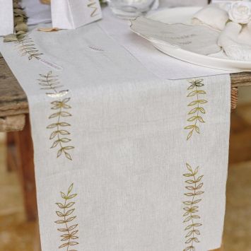 Chemin de table avec rameaux d'olivier en tissu - 28 cm x 5 m - Collection Communion Effet Lin et Or