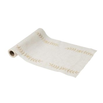 Chemin de table avec rameaux d'olivier en tissu - 28 cm x 5 m - Collection Communion Effet Lin et Or