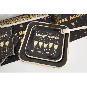 6 assiettes "Bonne Année" en carton - Nouvel An - 18 x 18 cm - Collection Réveillon Noir et Or