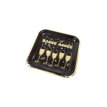 6 assiettes "Bonne Année" en carton - Nouvel An - 18 x 18 cm - Collection Réveillon Noir et Or