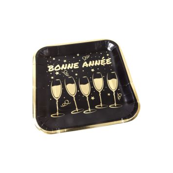 6 assiettes "Bonne Année" en carton - Nouvel An - 23 x 23 cm - Collection Réveillon Noir et Or