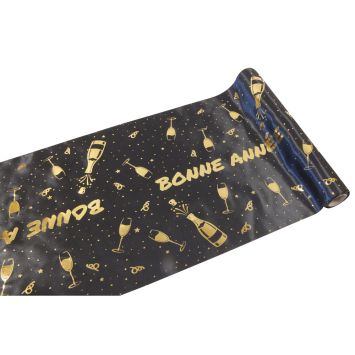Chemin de table "Bonne Année" en satin - Nouvel An - 28 cm x 5 m - Collection Réveillon Noir et Or