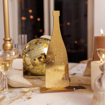 Bouteille de champagne sur socle en bois - Nouvel An - 12 x 29,5 x 4 cm - Collection Bubbles Party