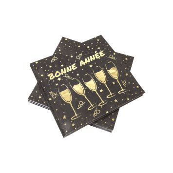 20 serviettes "Bonne Année" en papier - Nouvel An - 33 x 33 cm - Collection Réveillon Noir et Or