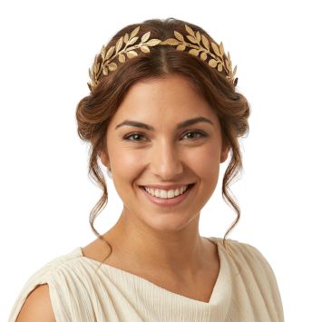 Femme souriante coiffée d'un serre-tête couronne de laurier dorée pour déguisement d'impératrice romaine | jourdefete.com