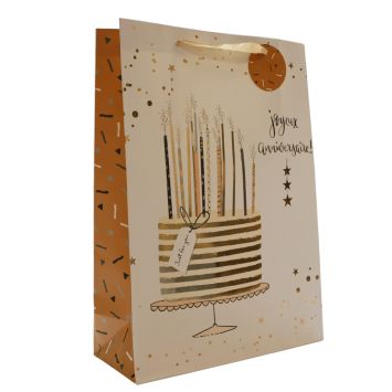 Sac cadeau en papier - Joyeux Anniversaire avec gâteau doré - Taille L