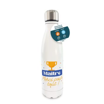 Gourde isotherme "Maître, merci pour tout !" avec trophée jaune | jourdefete.com