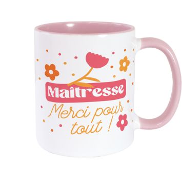 Mug rose Maîtresse avec message Merci pour tout - Cadeau fin d’année scolaire | jourdefete.com