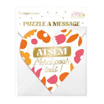 Puzzle en forme de cœur avec message Merci ATSEM, fond fleuri coloré | jourdefete.com