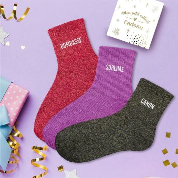 Coffret Trio de chaussettes à paillettes pour femme - Bombasse, Sublime et Canon - Collection Famille d'Amour