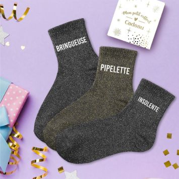 Coffret Trio de chaussettes à paillettes pour femme - Bringueuse, Pipelette et Insolente - Collection Famille d'Amour