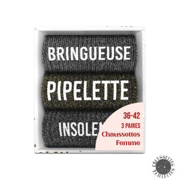 Coffret Trio de chaussettes à paillettes pour femme - Bringueuse, Pipelette et Insolente - Collection Famille d'Amour